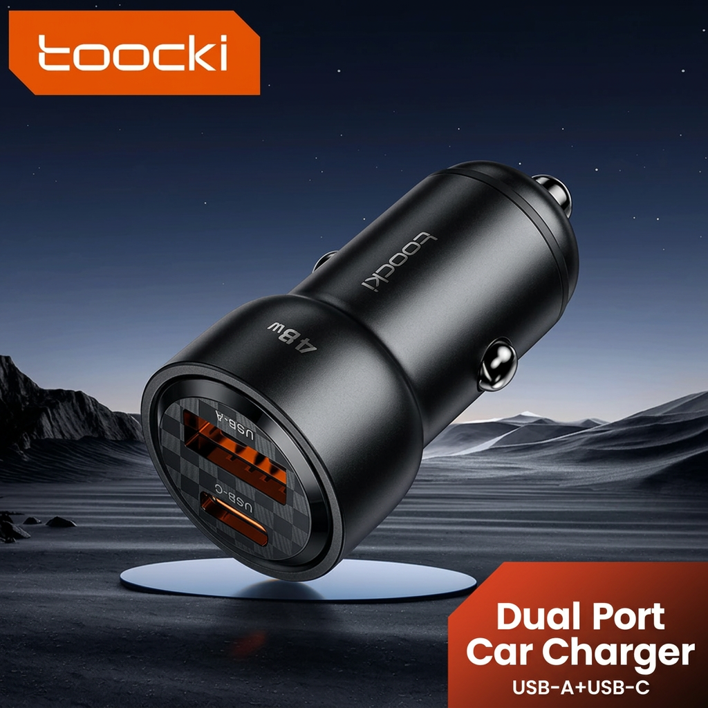 Toocki 48W Dual-Port USB-C PD & USB-A QC 3.0 Fast Car Charger – Black