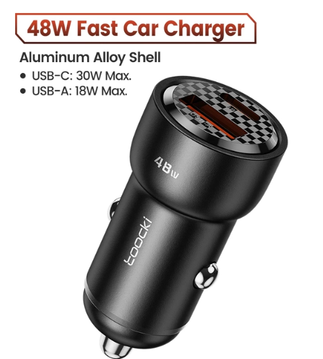 Toocki 48W Dual-Port USB-C PD & USB-A QC 3.0 Fast Car Charger – Black