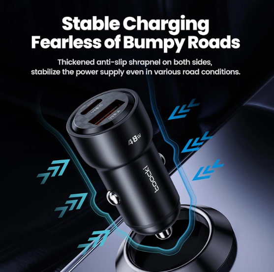 Toocki 48W Dual-Port USB-C PD & USB-A QC 3.0 Fast Car Charger – Black