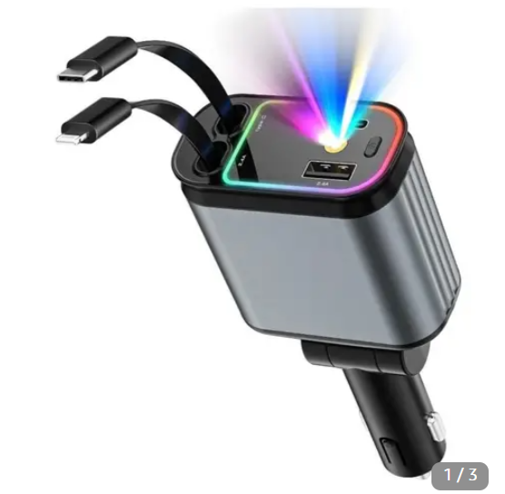 4-in-1 Starry Sky LED Car Charger with Retractable Cables & USB Ports