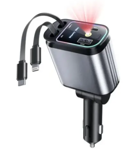 4-in-1 Starry Sky LED Car Charger with Retractable Cables & USB Ports