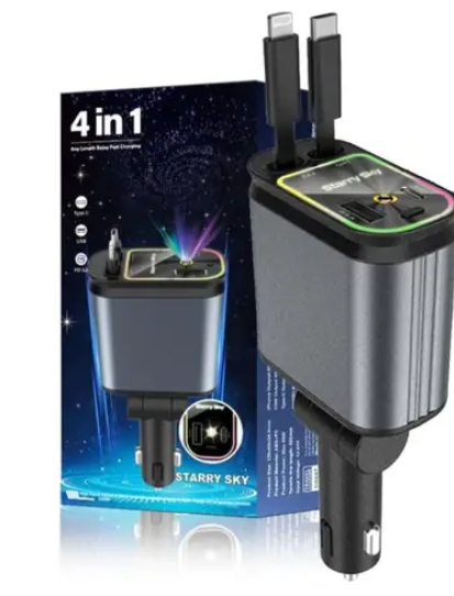 4-in-1 Starry Sky LED Car Charger with Retractable Cables & USB Ports