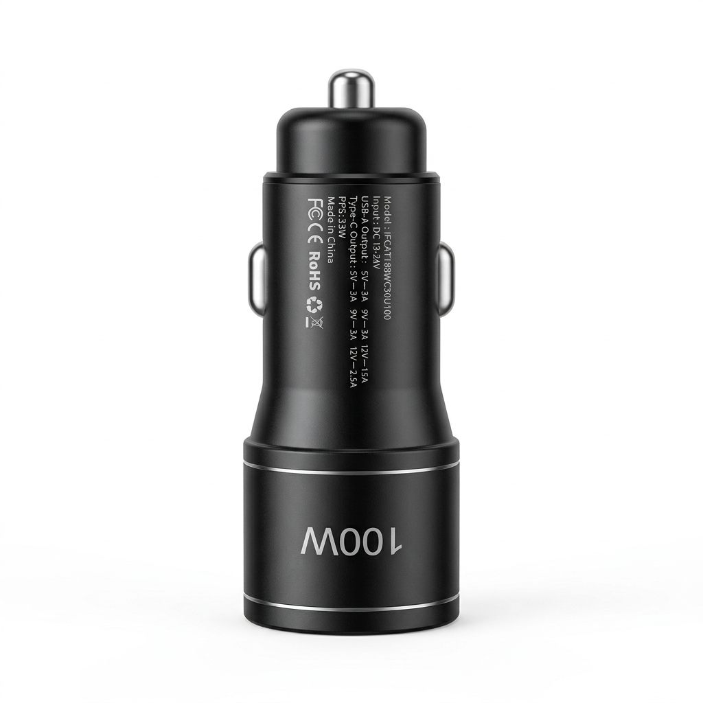 IFCAT 100W Dual-Port USB-C & USB-A Car Charger – Black